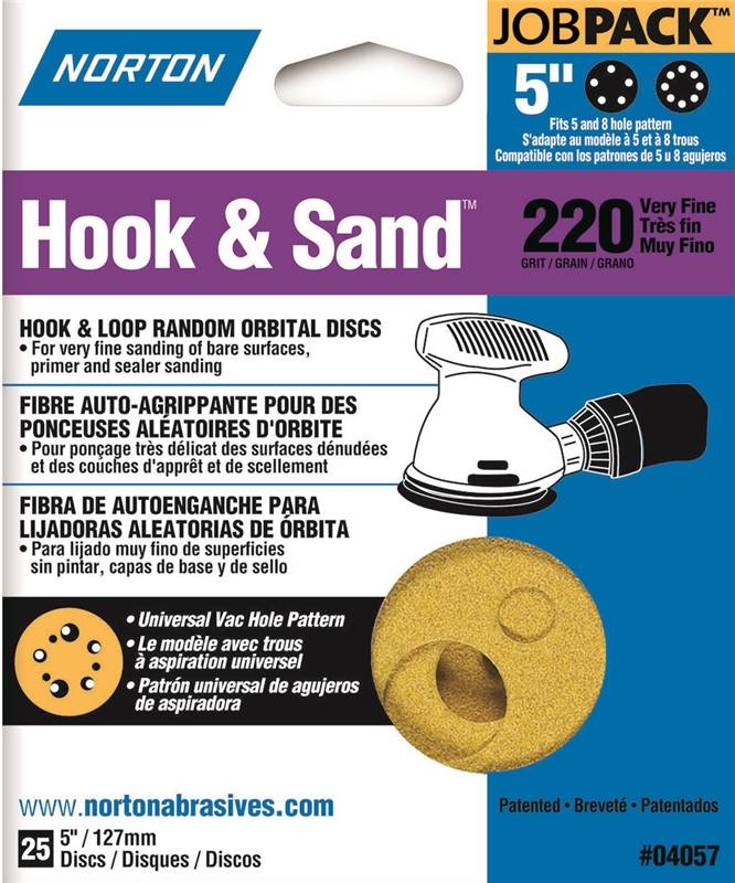 5 H&L 220G SAND DISC 25/PK NORTON 5&8 HOLE"