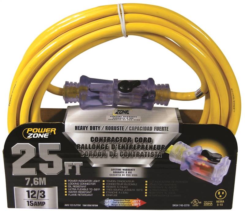 CORD EXT 12/3 SJTOW X 25FT YEL