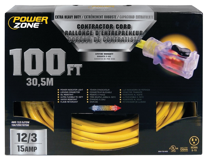 CORD EXT 12/3SJTOW X 100FT YEL
