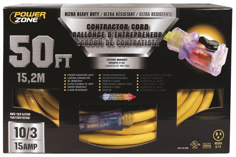 CORD EXT 10/3 SJTOW X 50FT YEL