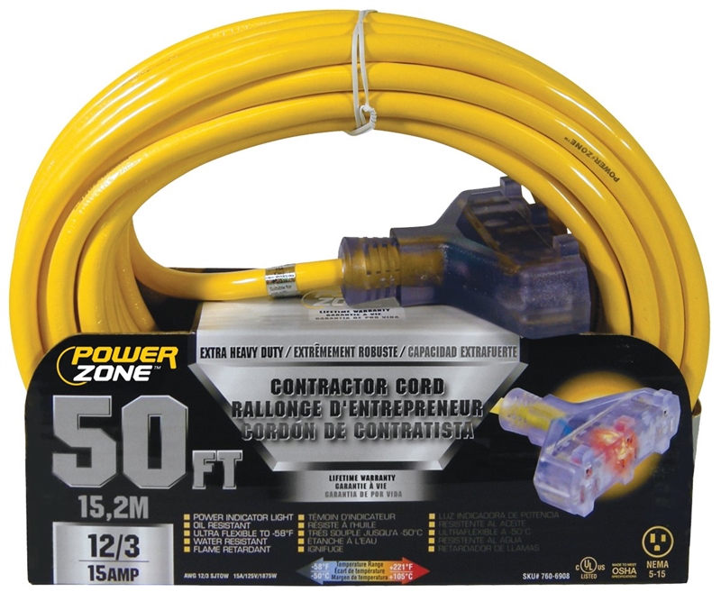 CORD EXT 3TAP LT 12/3X50FT YEL