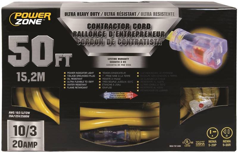CORD EXT TBLD10/3X50FT 20A YEL