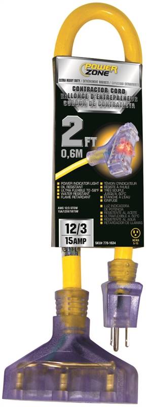 CORD EXT 3TAP LT 12/3X2FT YEL