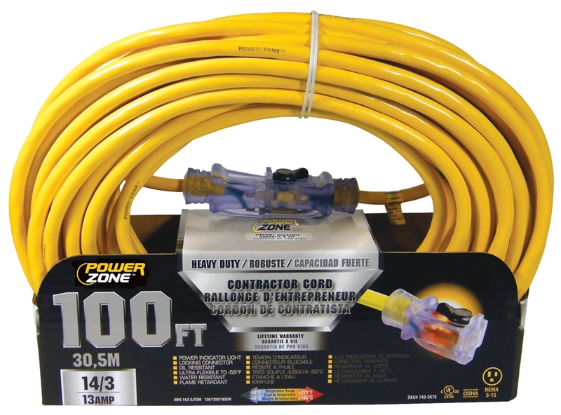 CORD EXT 14/3SJTOW X 100FT YEL