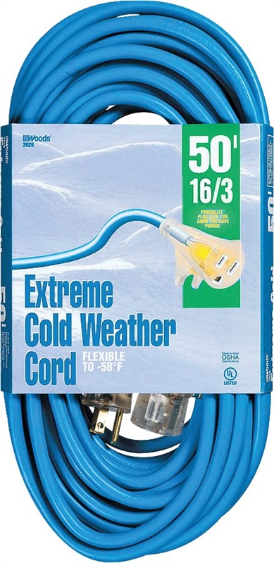 CORD EXT COLDFLX 16/3X50FT BLU