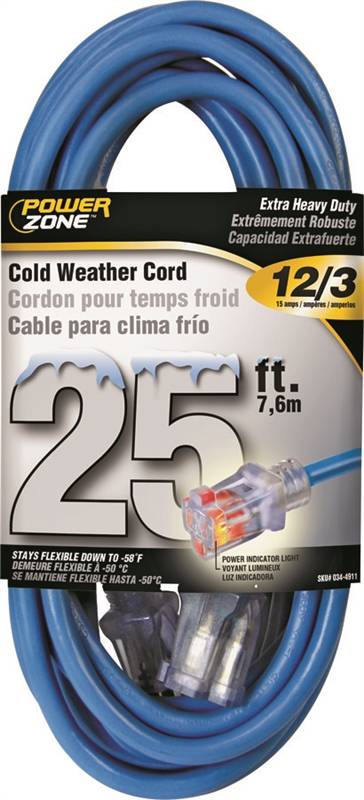 CORD EXT COLD LT 12/3X25FT BLU