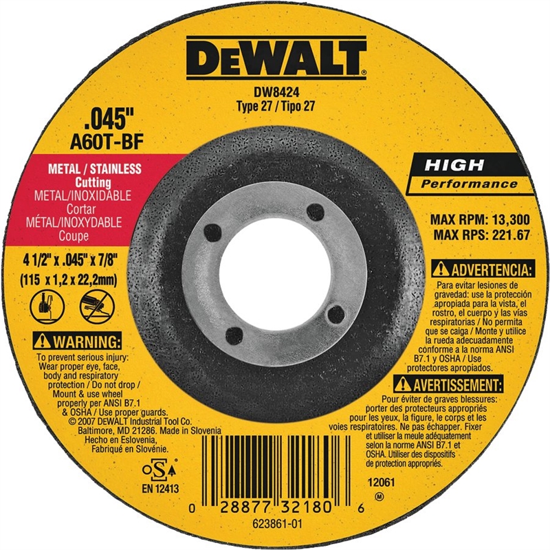 DEWALT 4-1/2 THIN CUT WHEEL 7/8" ARBOR"
