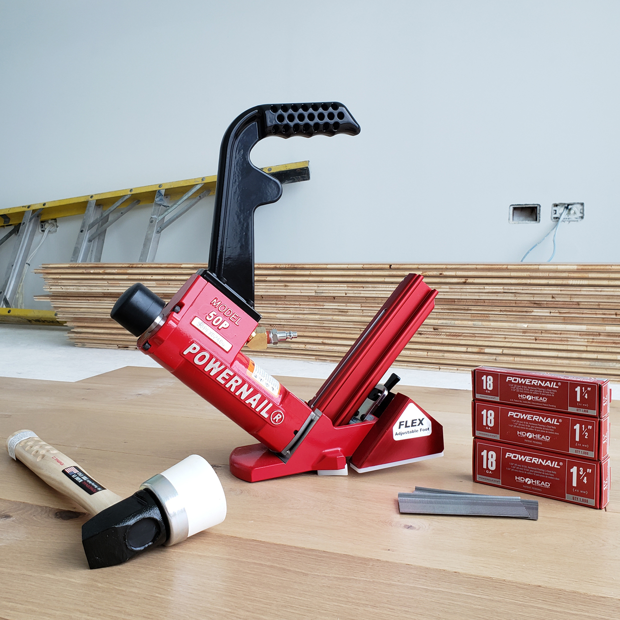 50pflexw Pneumatic Floor Nailer With White 3mi Mallet Powernail